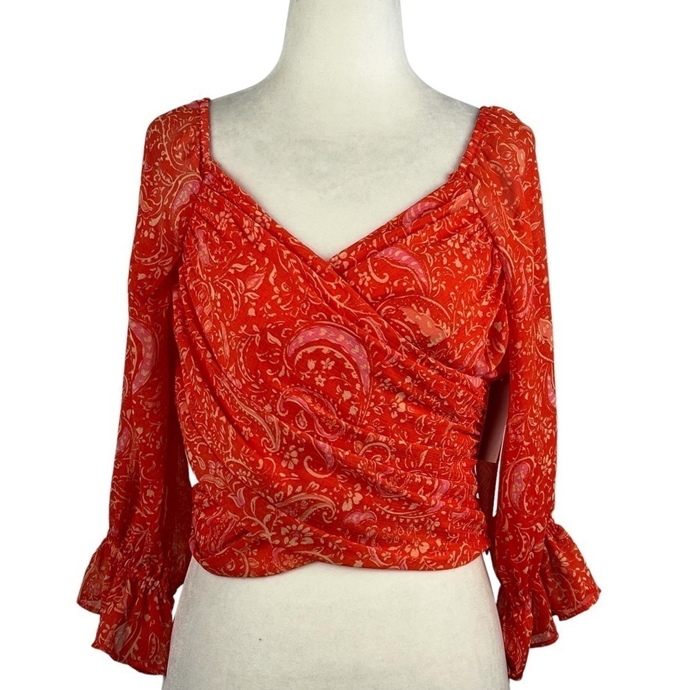 1. STATE‎ NEW WITH TAGS PAISLEY PUFF SLEEVE V-NECK-WRAP BLOUSE